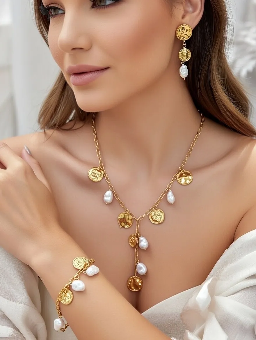 [CL-794-56] Moneta Regina Y perla -Collana Corta in Acciaio - CL-794-56