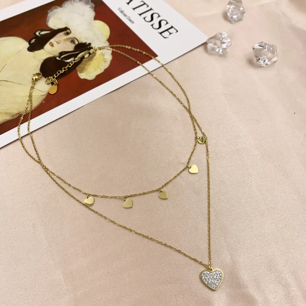 CAC6766-Cuore con Strass Cuorecini- Collana Corta Multifilo in (Argento)