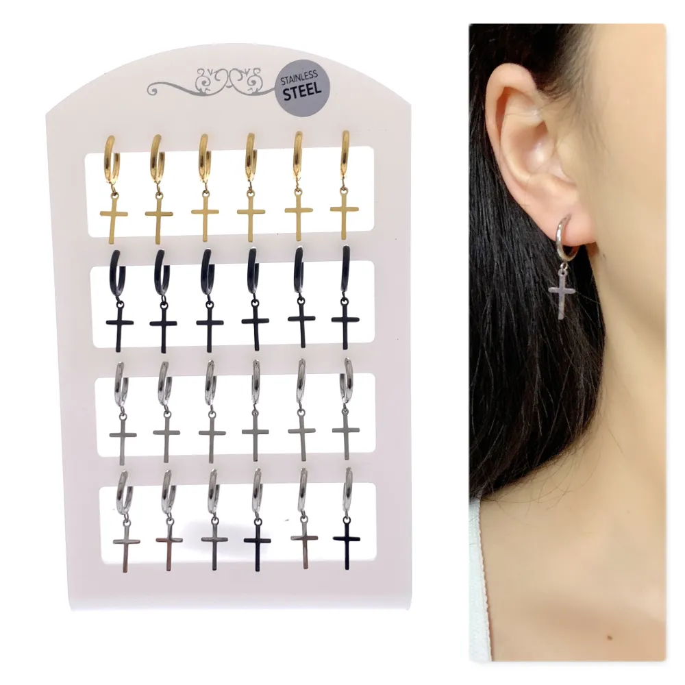 OPA450-246-Cerchio 2x10 con Croce -12 Paia Orecchini in Acciaio