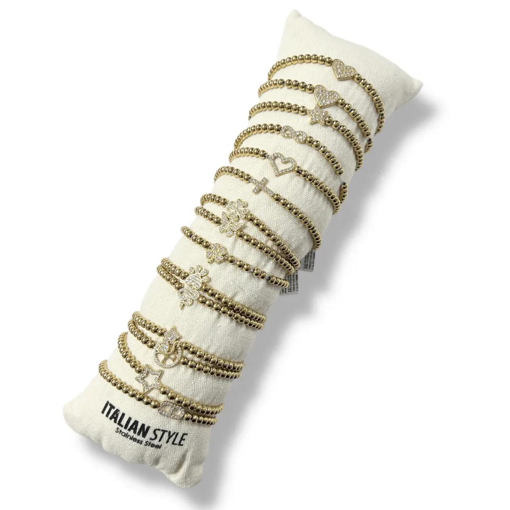 Mix Soggetti con Zirconia-15pz Bracciali Elastici in Acciaio - BR-103-AA95-106B (Oro Giallo)