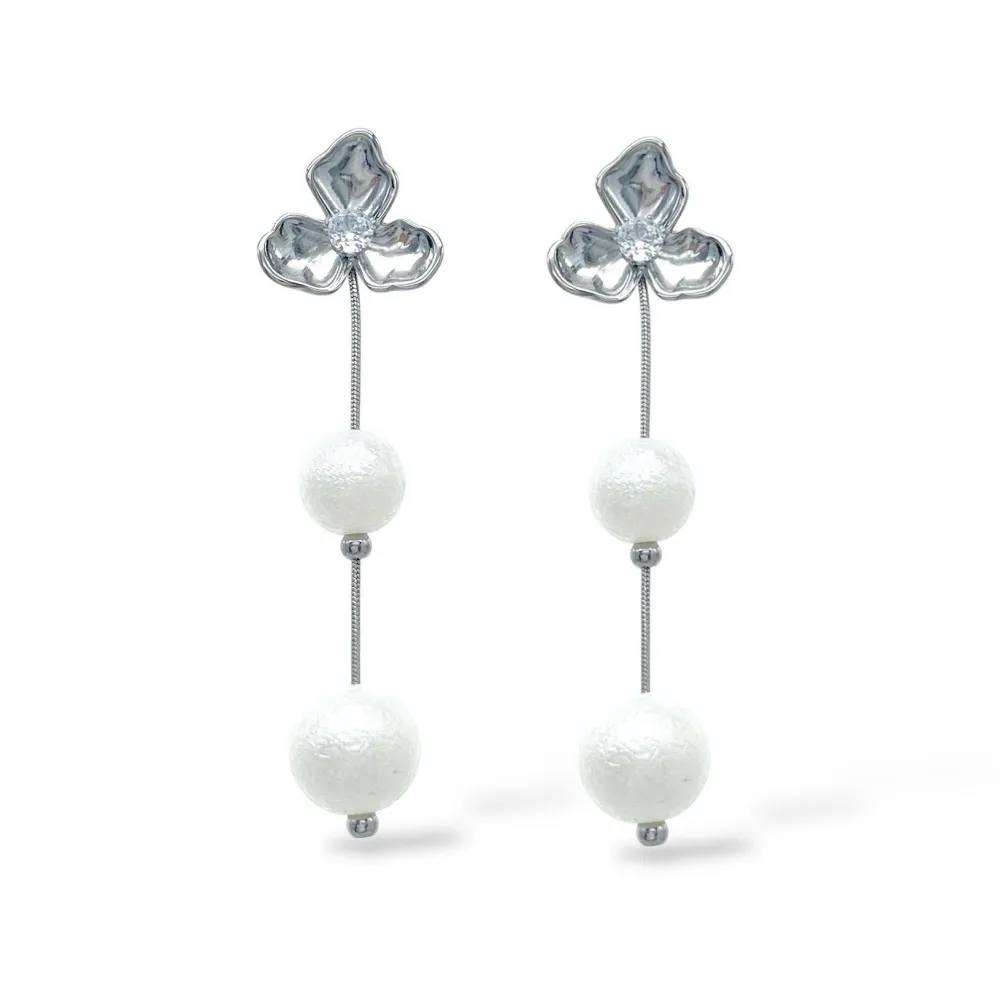 Fiore con Perla Goccia -Orecchini in Acciaio - OR-413-836