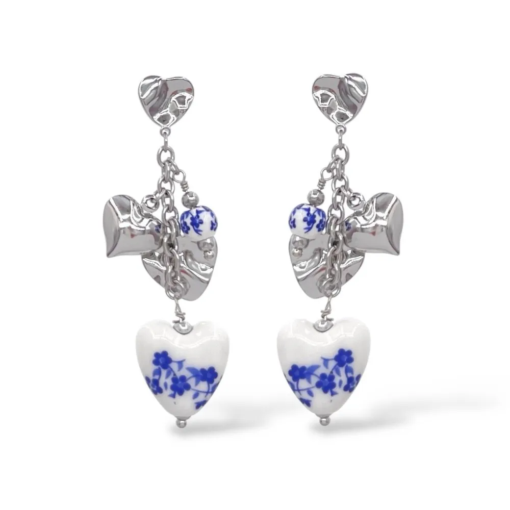 Porcellana blu e bianca e cuore-Orecchini in Acciaio - OR-794-85