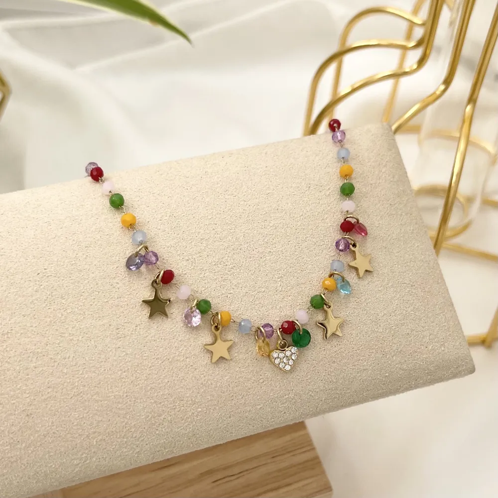 Perline Colorate con Cuore e stelline-Bracciale in Acciaio con Chiusura - BR-103-AA1727B