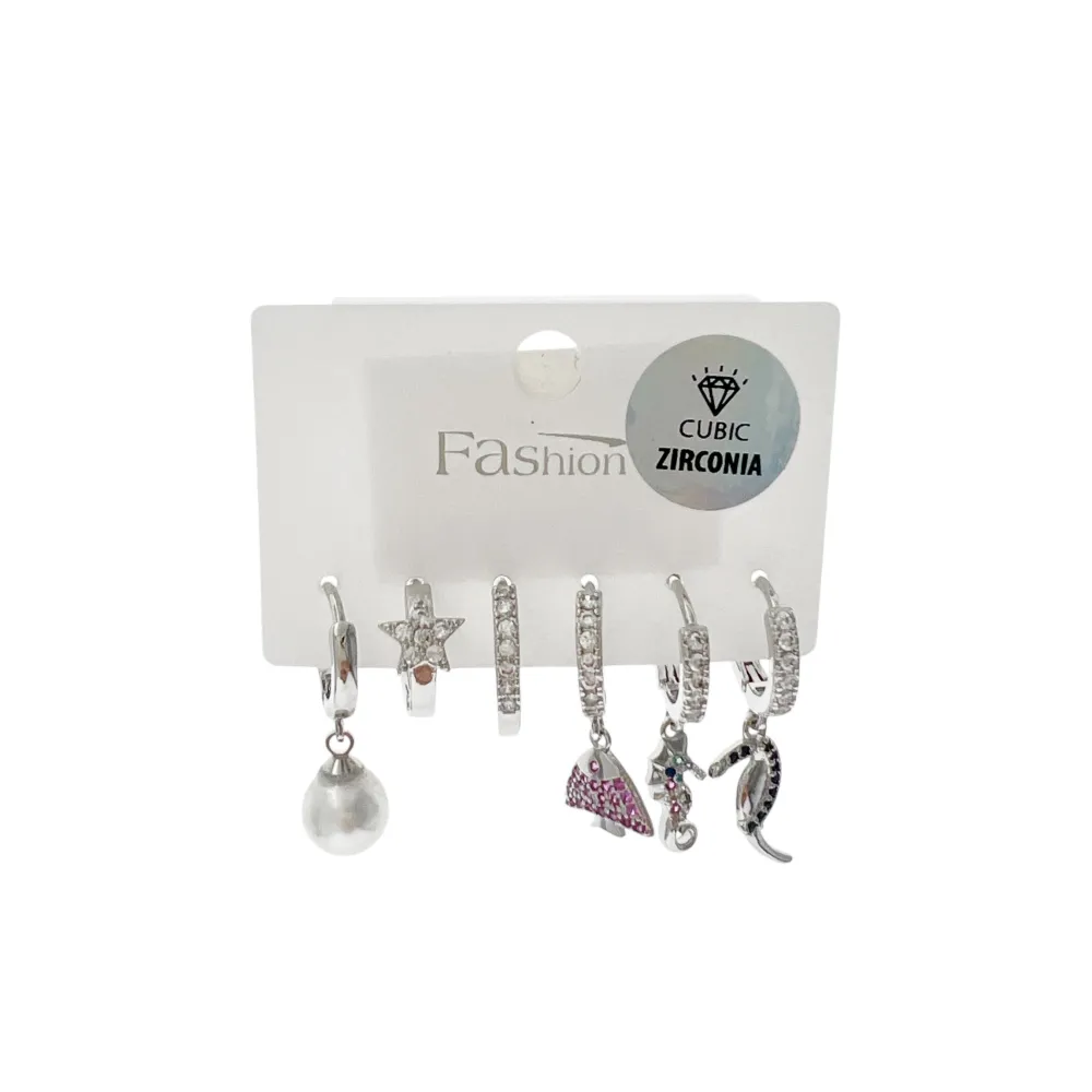 Perla, pesce, cavalluccio-Set 6pz Orecchini in Acciaio - F2900702039