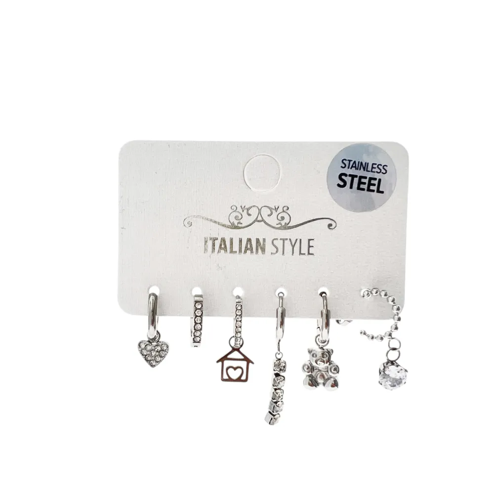 Cuore Orsetto Casa Tennis-Set 6pz Orecchini in Acciaio e Zirconia - OPA-103-AA2457E