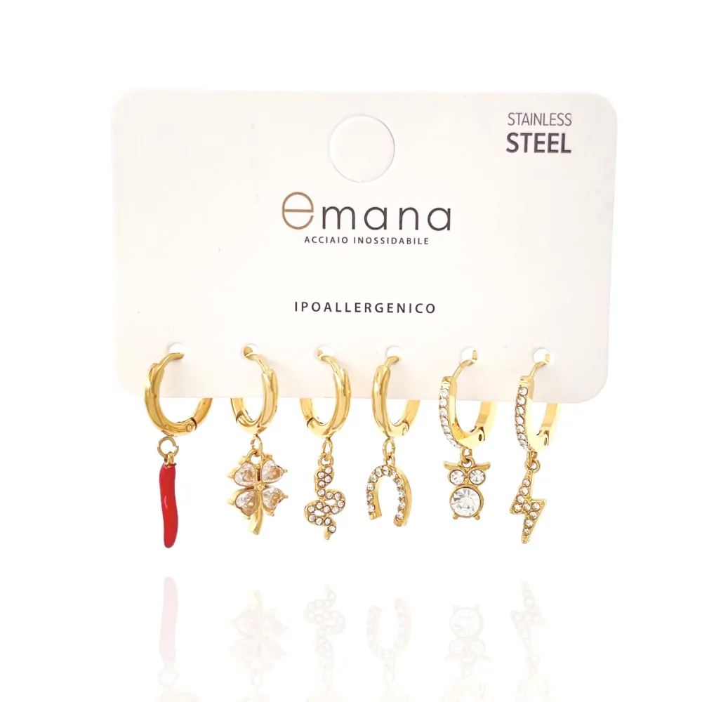 Cornino, quadrifoglio, serpente, ferro di cavallo, gufo e fulmine - Set 6pz Orecchini in Acciaio - OR-103-AA3327E