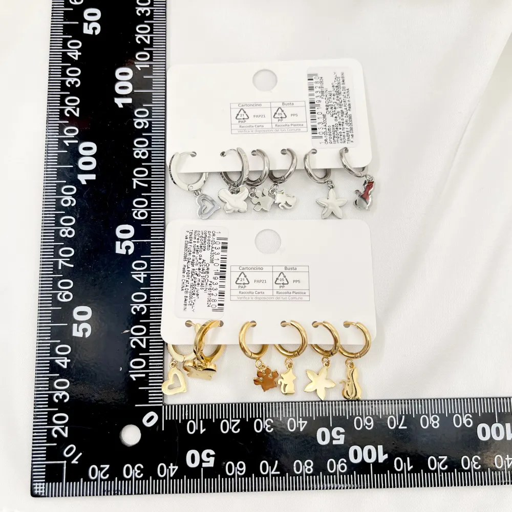 Cuore, farfalla, zampa, fiore, orsetto- Set 6pz Orecchini in Acciaio - OR-103-AA3328E