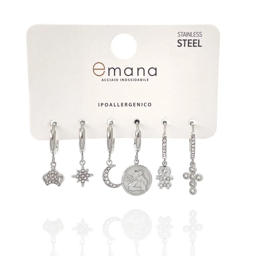 Quadrifoglio, angelo, croce-Set 6Pz Orecchini acciaio - OR-103-AA3329E