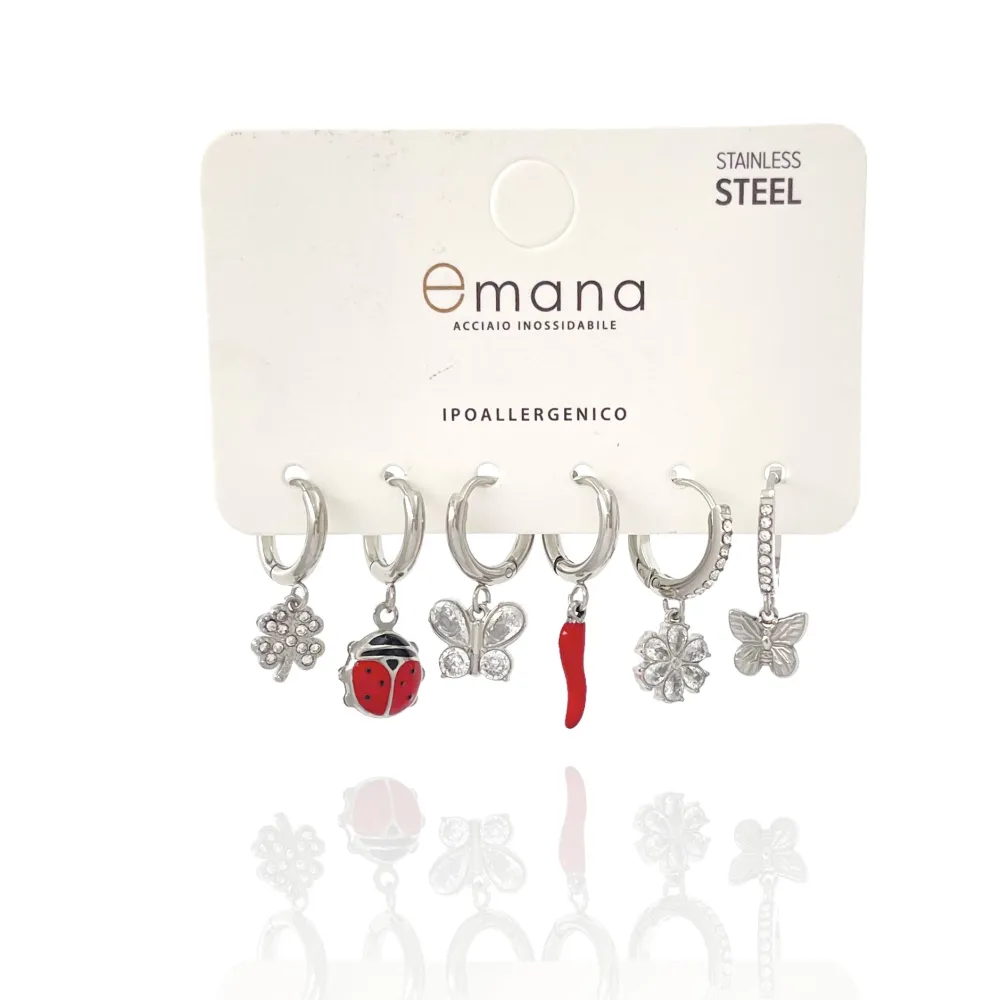 Quadrifoglio, farfalla, coccinella, cornino, cerchio-Set 6pz Orecchini in Acciaio - OR-103-AA3339E