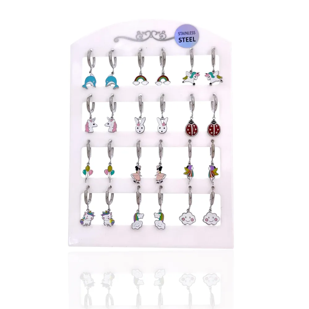 Delfino,arcobaleno, unicorno, coniglio -24pz Orecchini in Acciaio - OR-413-2530