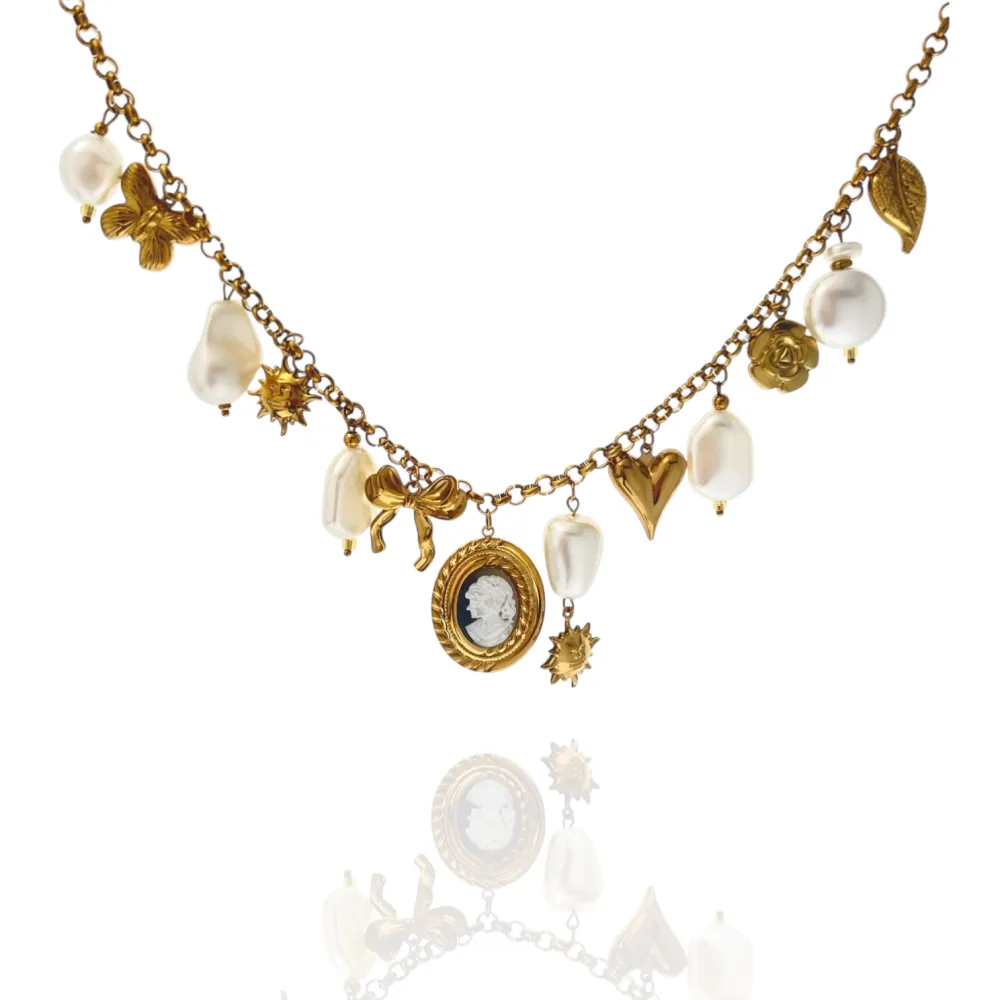 Dama, perle, sole, fiocco-Collana corta in Acciaio - CL-732-646 (Bianco)
