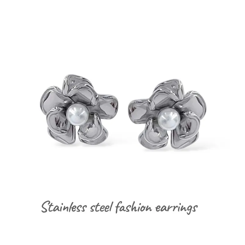 Fiore con perla-Orecchini in Acciaio - OR-413-2550 (Argento)