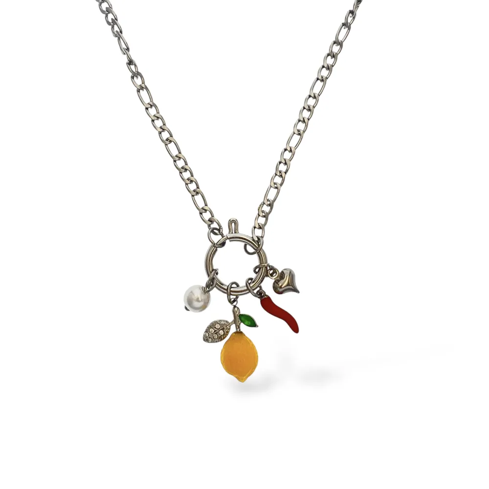 Limone, cornino, perla, cuore - Collana corta in acciaio - CAC-103-AA7261N