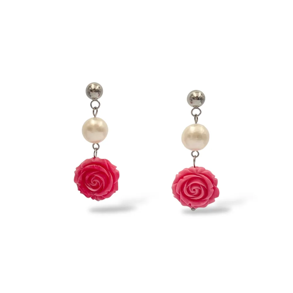 Pallina perla Fiore Rosa-Orecchini in Acciaio - OAP-765-09-10 (Argento)