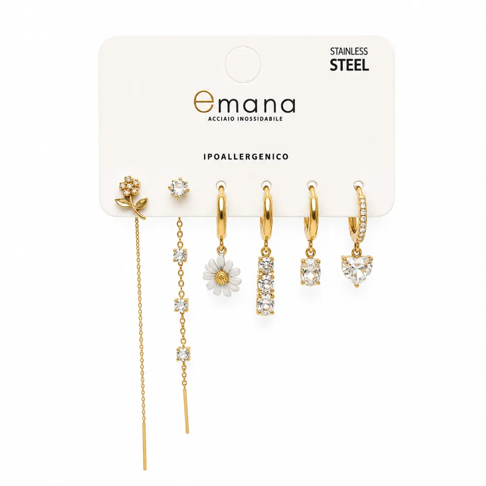 Margherita, cuore-Set 6pz Orecchini in Acciaio e Zirconia - OR-103-AA7168E