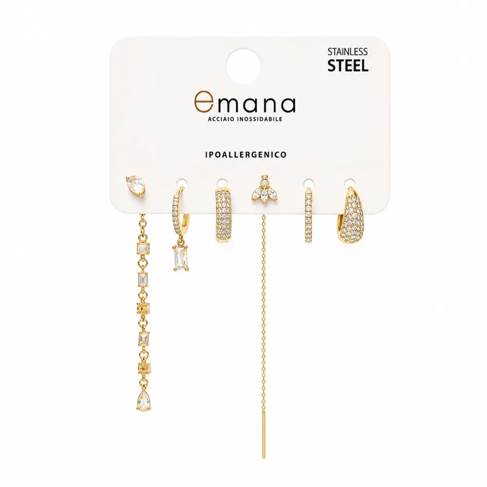 Goccia, foglie-Set 6pz Orecchini in Acciaio e Zirconia - OR-103-AA7169E