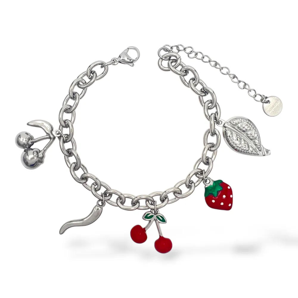 Ciliegia, fragola, cornino, foglia-Bracciale in acciaio - BR-413-3302