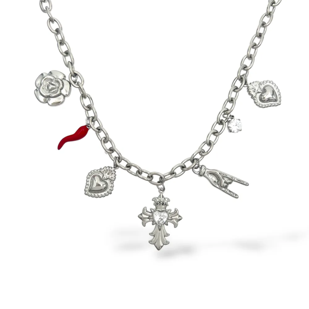Croce, cornino, sacro cuore -Collana corta in Acciaio - CL-103-AA6861N