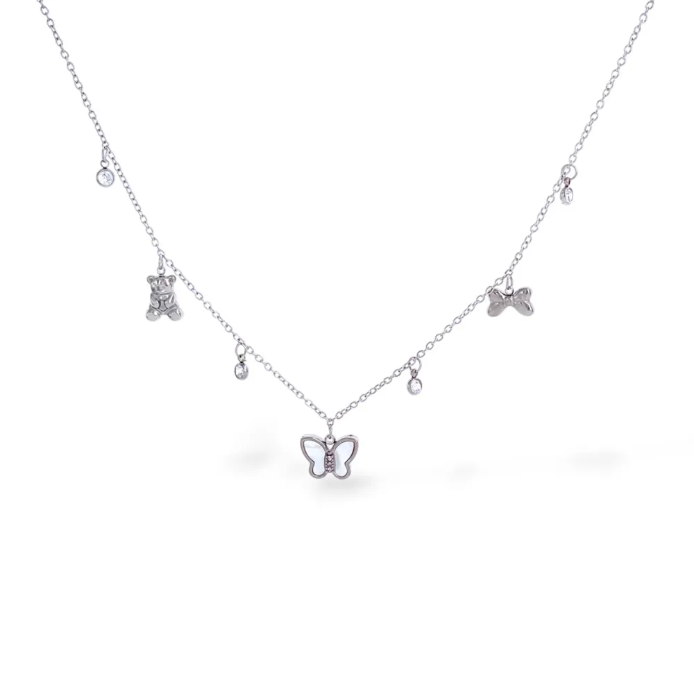 Farfalla, orso, fiocco-Collana corta in Acciaio - CL-413-3777