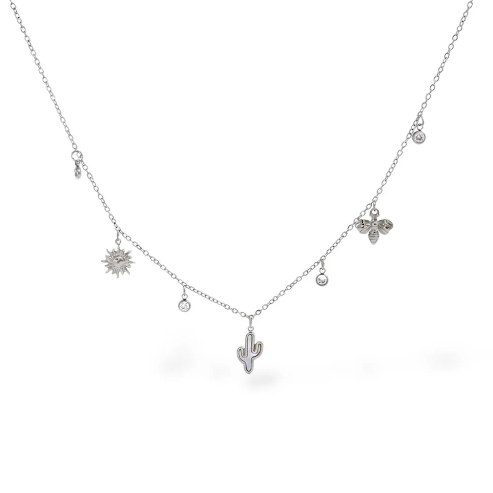 Cactus e punto luce-Collana corta in Acciaio - CL-413-3778 (Argento)