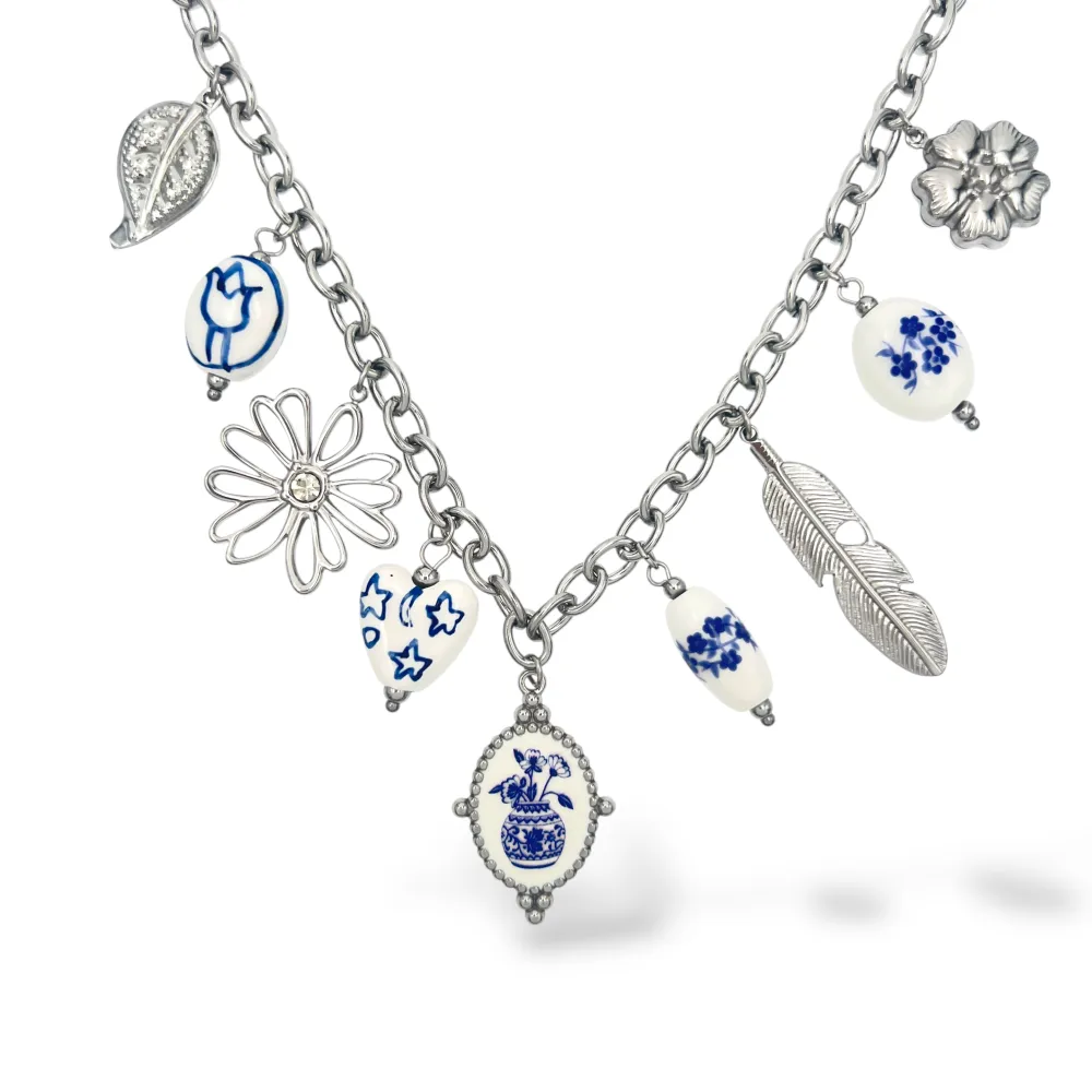 Ceramica e margherita-Collana corta in Acciaio - CL-413-3816