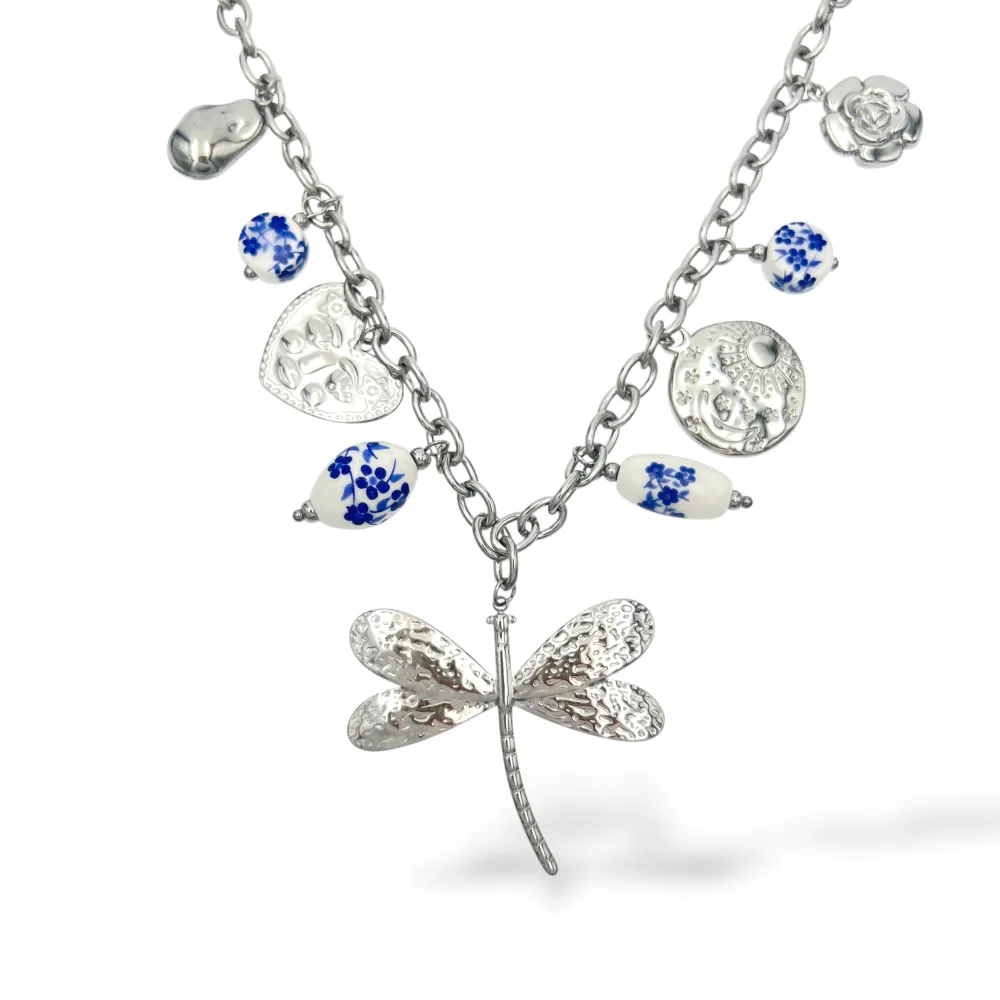 Libellula e ceramica-Collana corta in Acciaio - CL-413-3817
