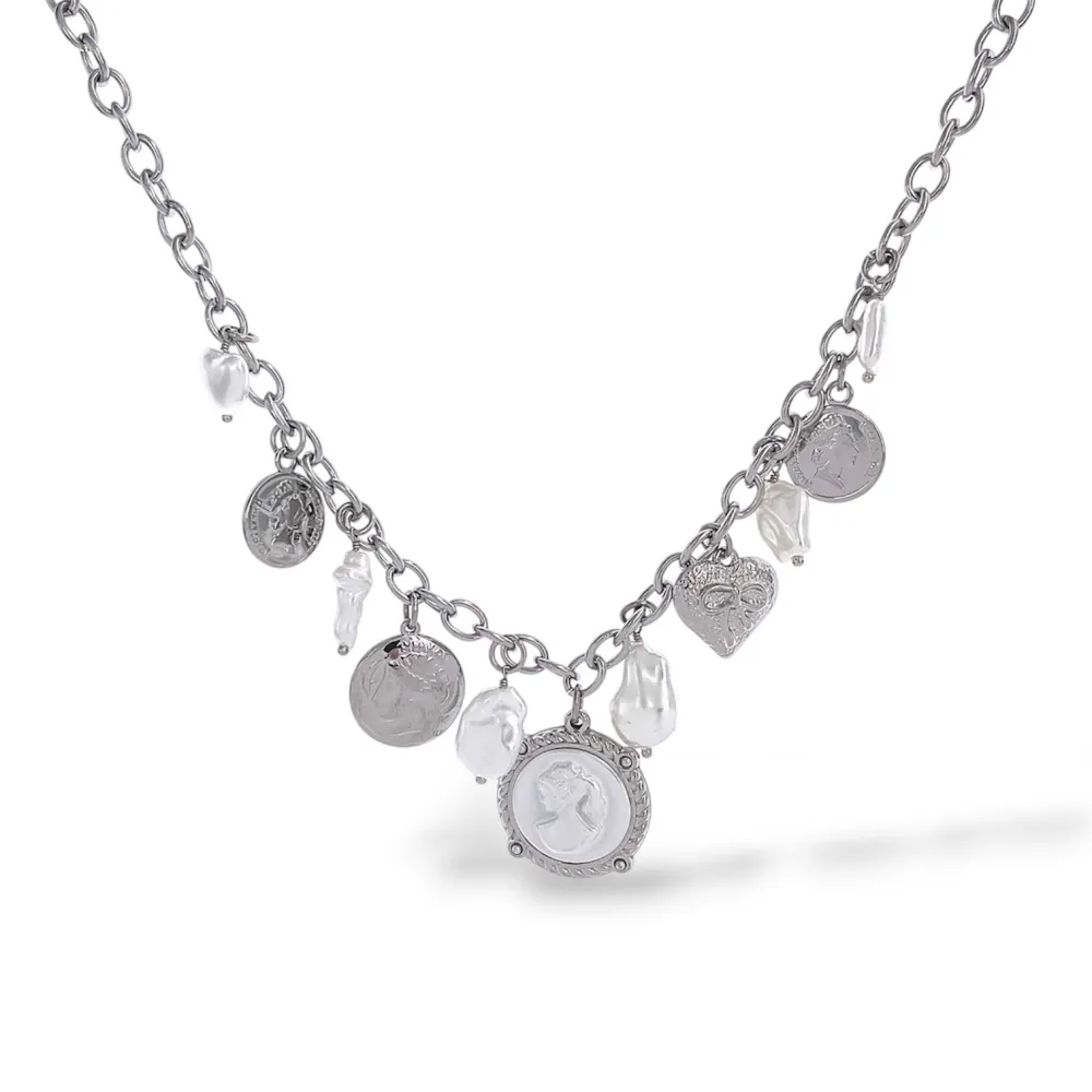 Dama, perla, moneta -Collana corta in Acciaio - CL-794-98