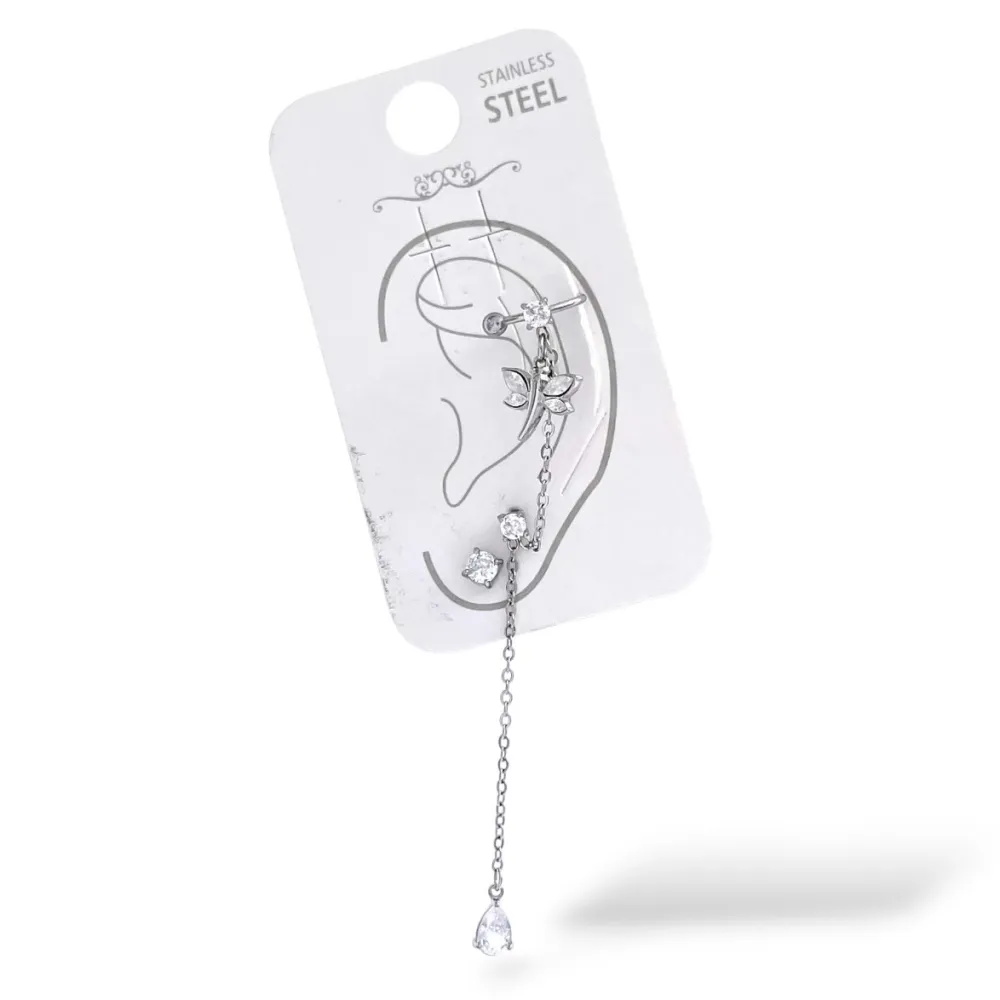 Libellula-Earcuff in Acciaio con zirconi - OR-105-AA7422E (Argento)