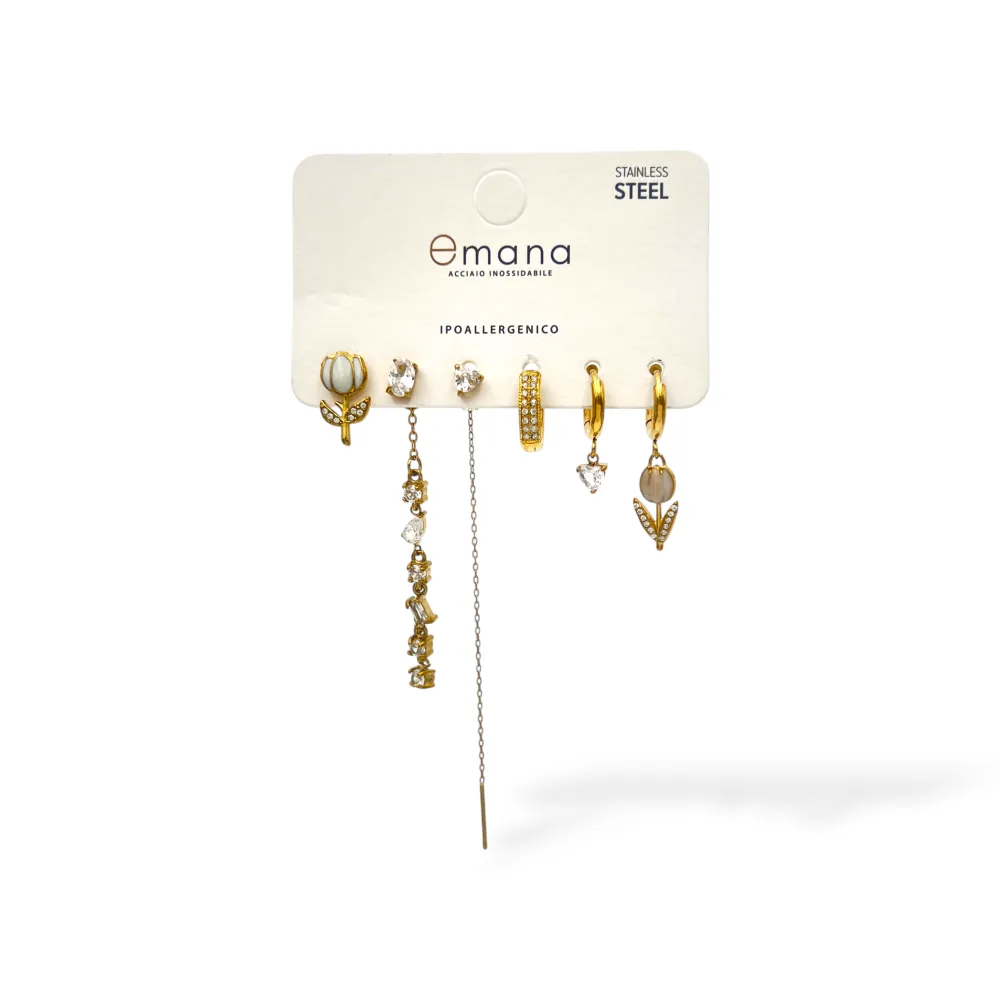 Tulipano-Set 6pz Orecchini in Acciaio e Zirconia - OR-103-AA7036E