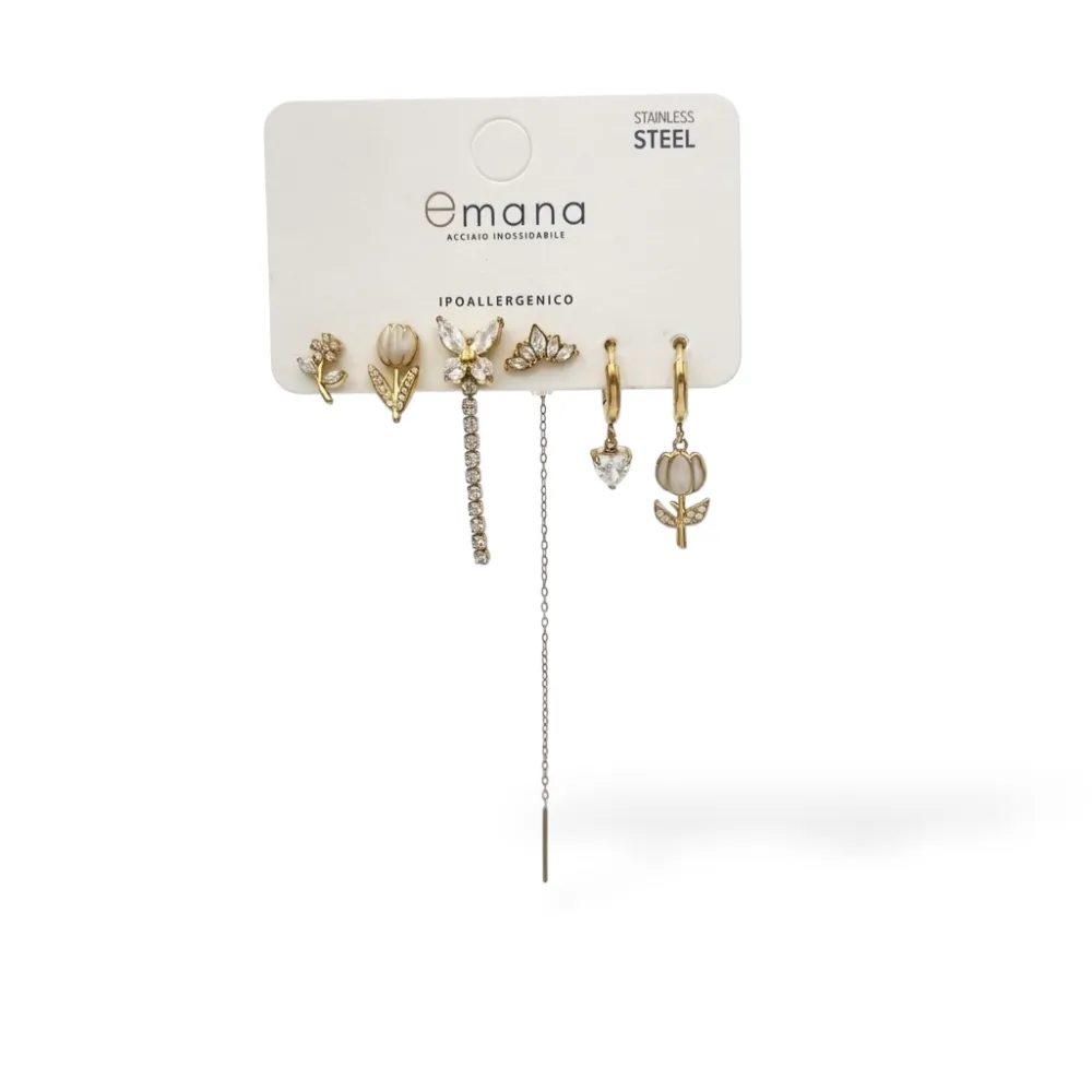 Tulipano, farfalla-Set 6pz Orecchini in Acciaio e Zirconia - OR-103-AA7172E