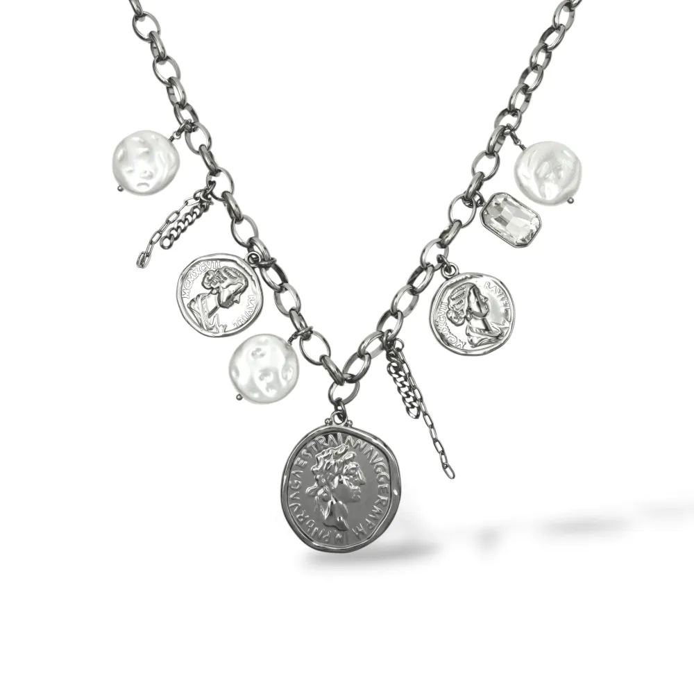 Moneta E Perla-Collana Corta in Acciaio - CAC-794-130 (Argento)