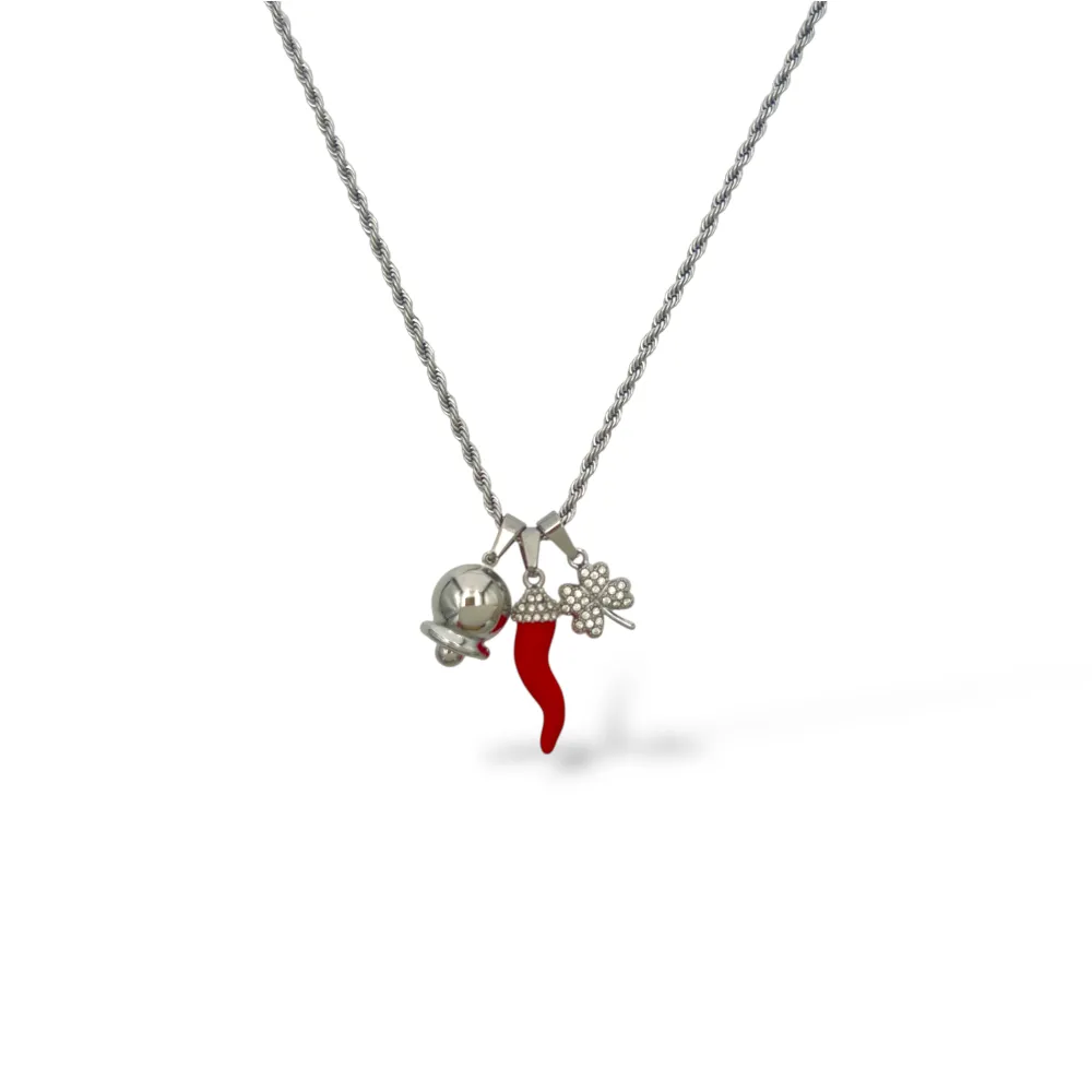 Campana, quadrifoglio, cornetto-Collana Corta in Acciaio - CL-103-AA7348N/45+5cm