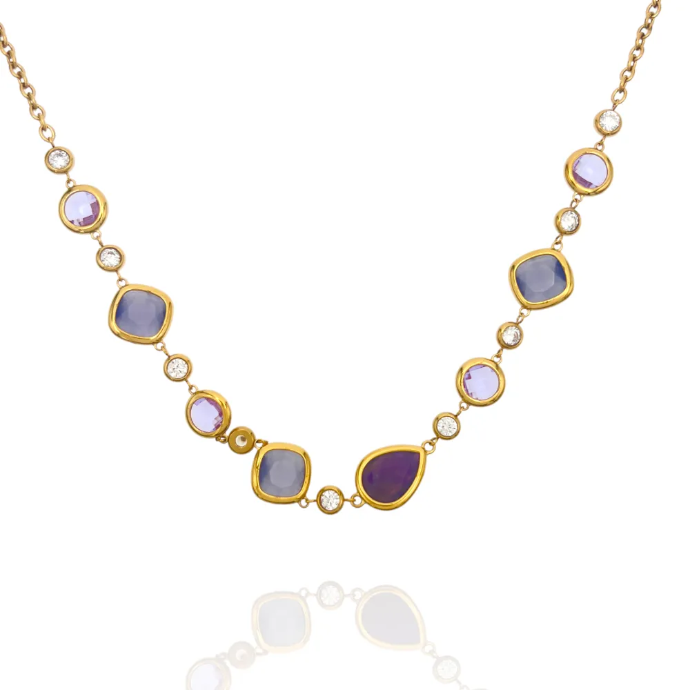 Punti luce e pietra -Collana Corta in Acciaio - CL-795-12980 (Viola)