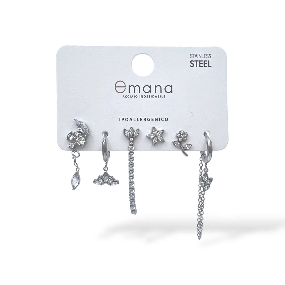 Fiore, stella-Set 6pz Orecchini in Acciaio e Zirconia - OR-103-AA7035E (Bianco/Argento)
