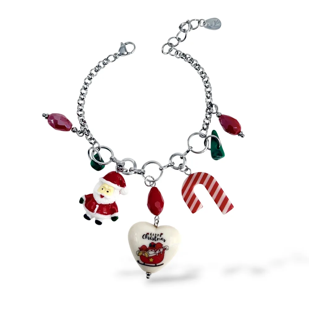 Babbo Natale, Bastoncino Zucchero e Cuore "Happy Christmas"-Bracciale in Acciaio - BR-732-707