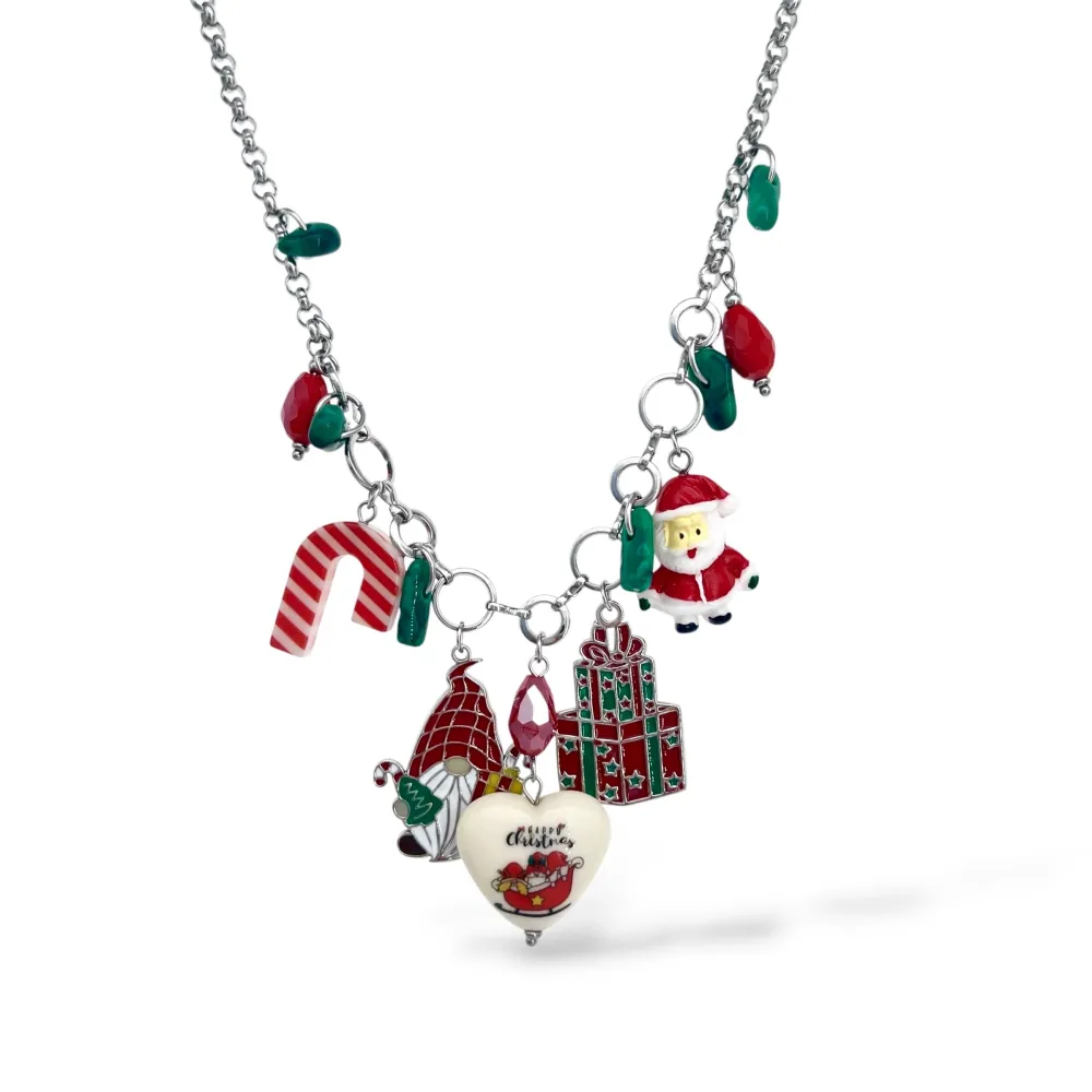 Babbo Natale, Bastoncino Zucchero e Cuore "Happy Christmas"-Collana Corta Moda in Acciaio - CAC-732-697