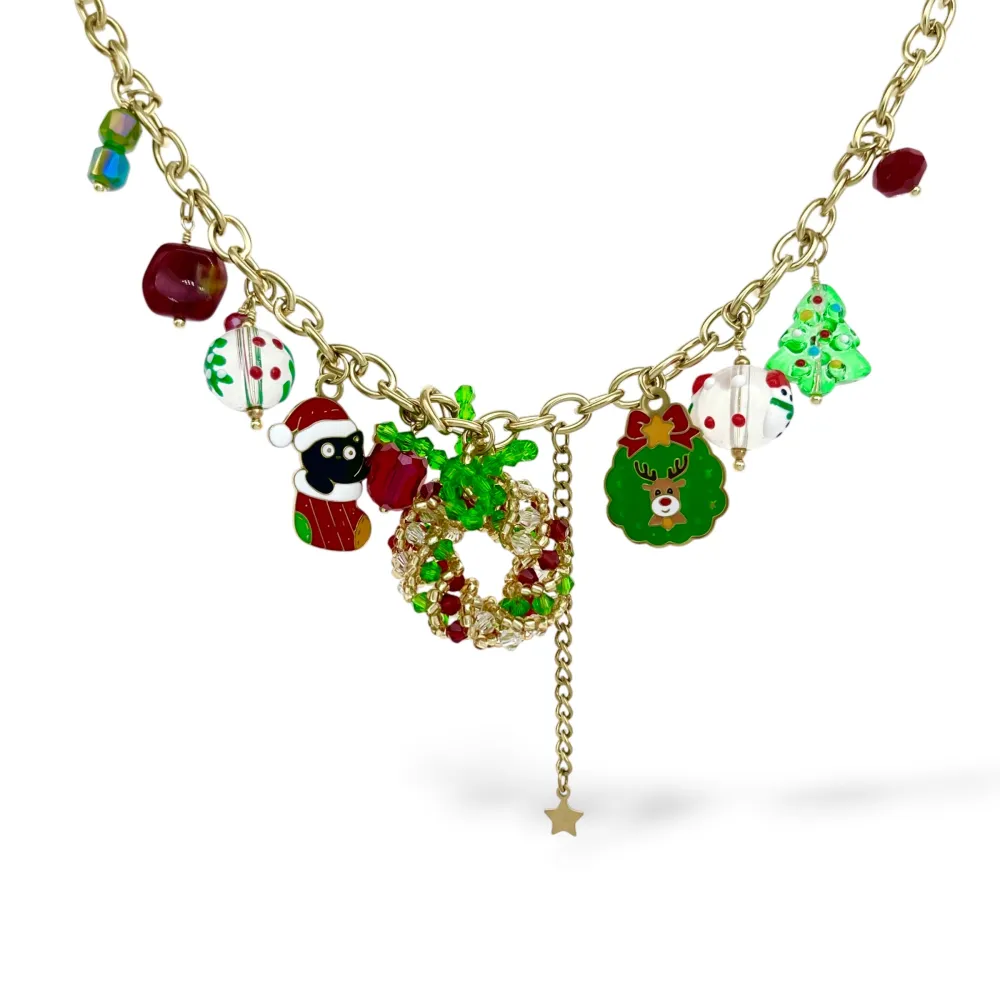 Ghirlanda di Cristalli, Gatto Natalizio e Renna-Collana Corta Moda in Acciaio - CAC-794-129