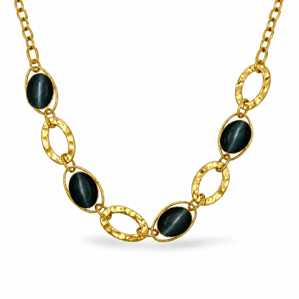 Catena Con Pietre Effetto Occhio Di Gatto-Collana Corta in Acciaio - CAC-794-134 (Nero)
