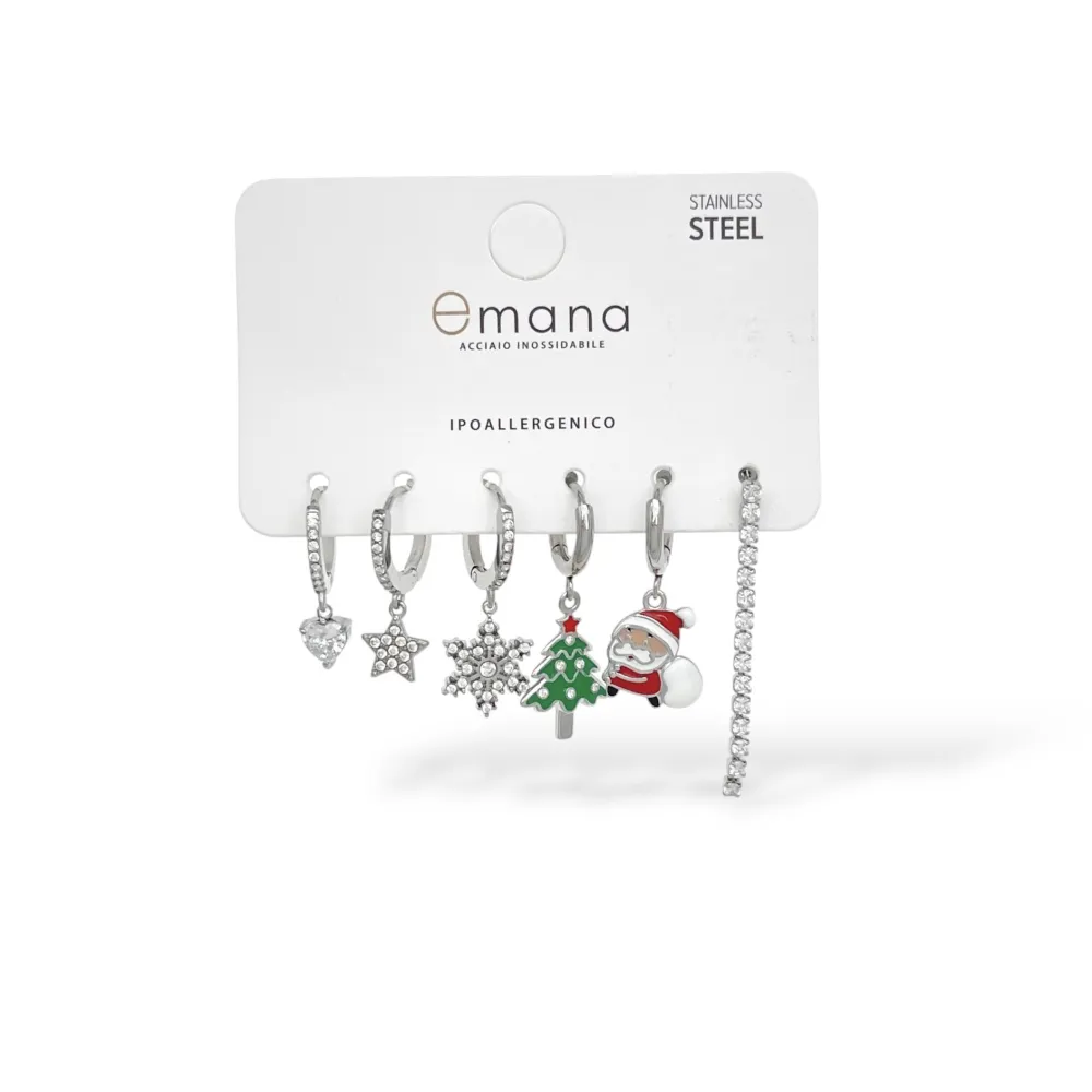 Babbo Natale, Albero di Natale, Fiocco di Neve, Tennis-Set 6pz Orecchini in Acciaio e Zirconia - OR-103-AA7322E (Argento)
