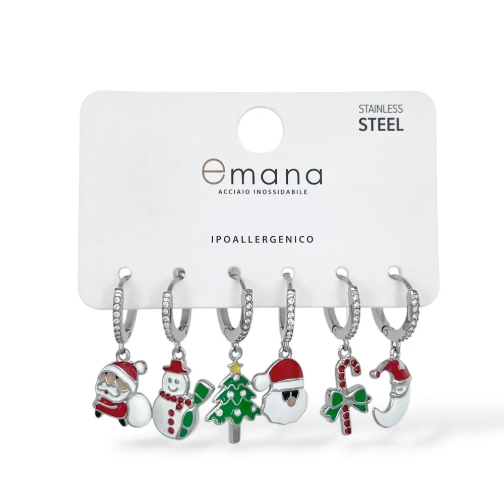 Babbo Natale, Pupazzo di Neve, Albero di Natale-Set 6pz Orecchini in Acciaio e Zirconia - OR-103-AA7347E