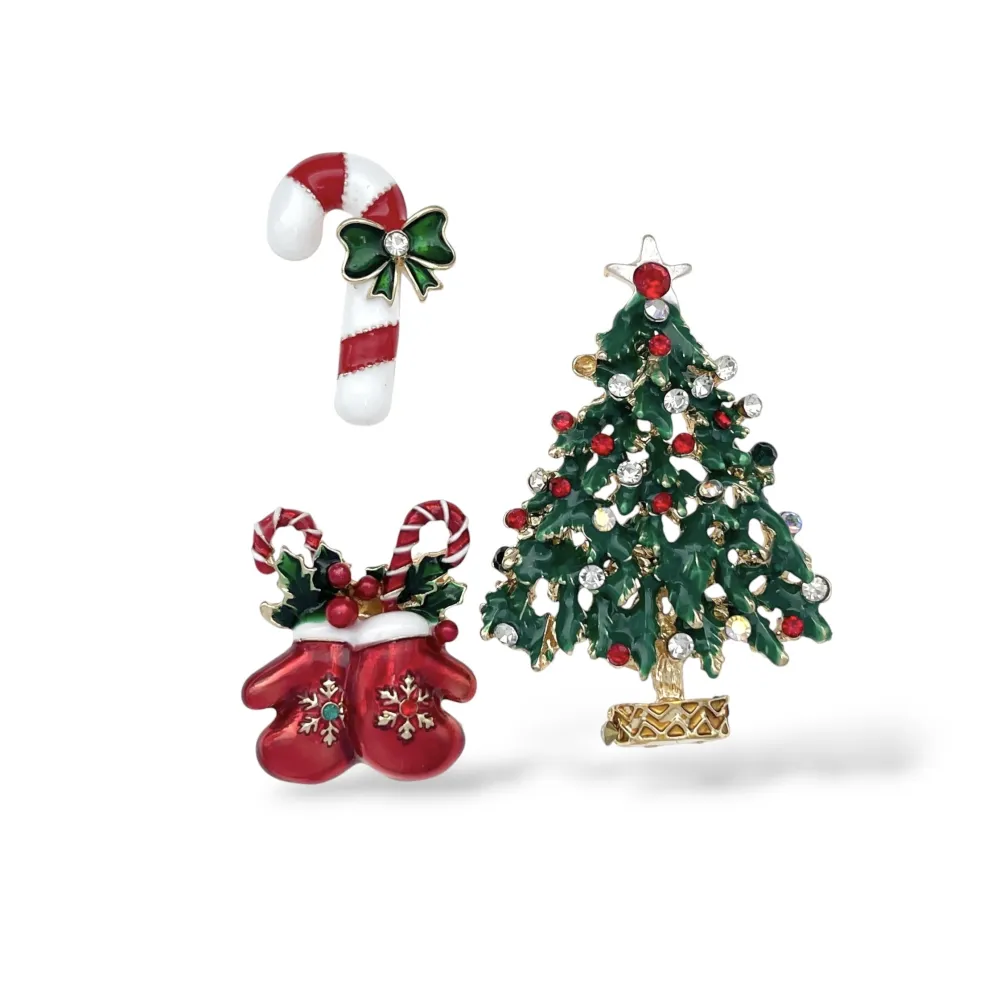 Albero di Natale guanti di Natale bastoncino di zucchero-Set 3pz Spille di Natale - SPM-781-25