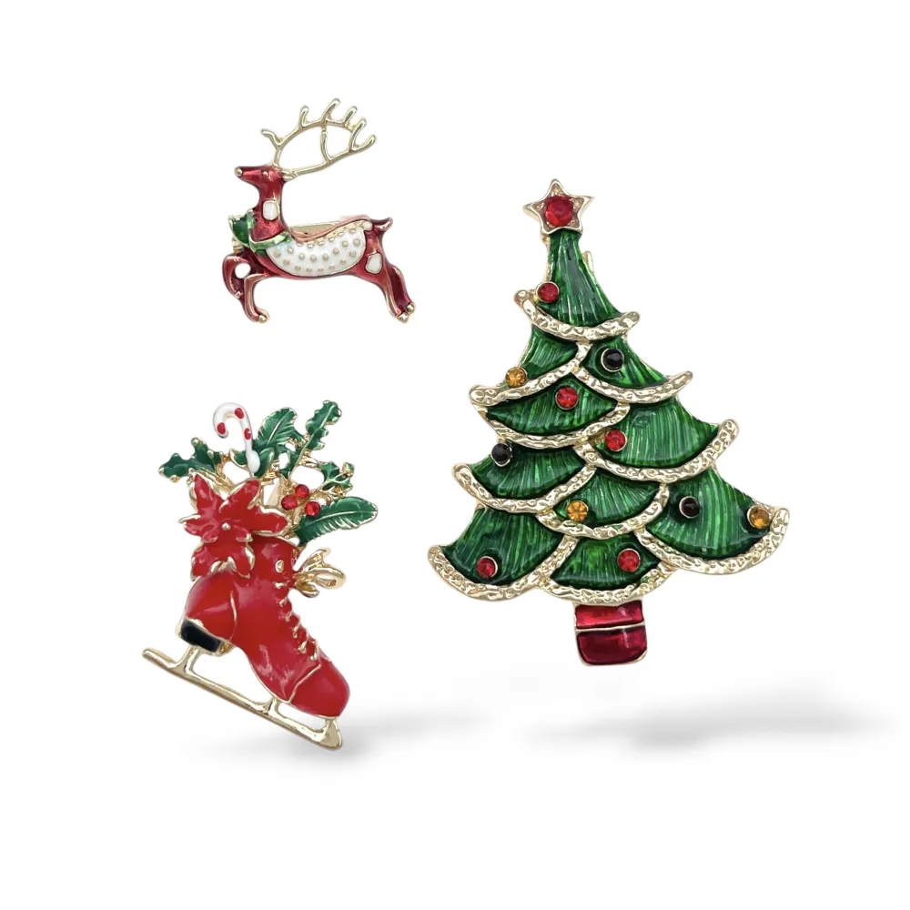 Albero di Natale Renna di Babbo Natale pattino di Natale -Set 3pz Spille di Natale - SPM-781-28