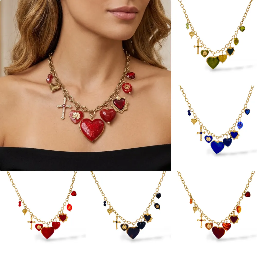 [CAC-794-140] Cuore E Croce-Collana Corta in Acciaio - CAC-794-140 (Verde)