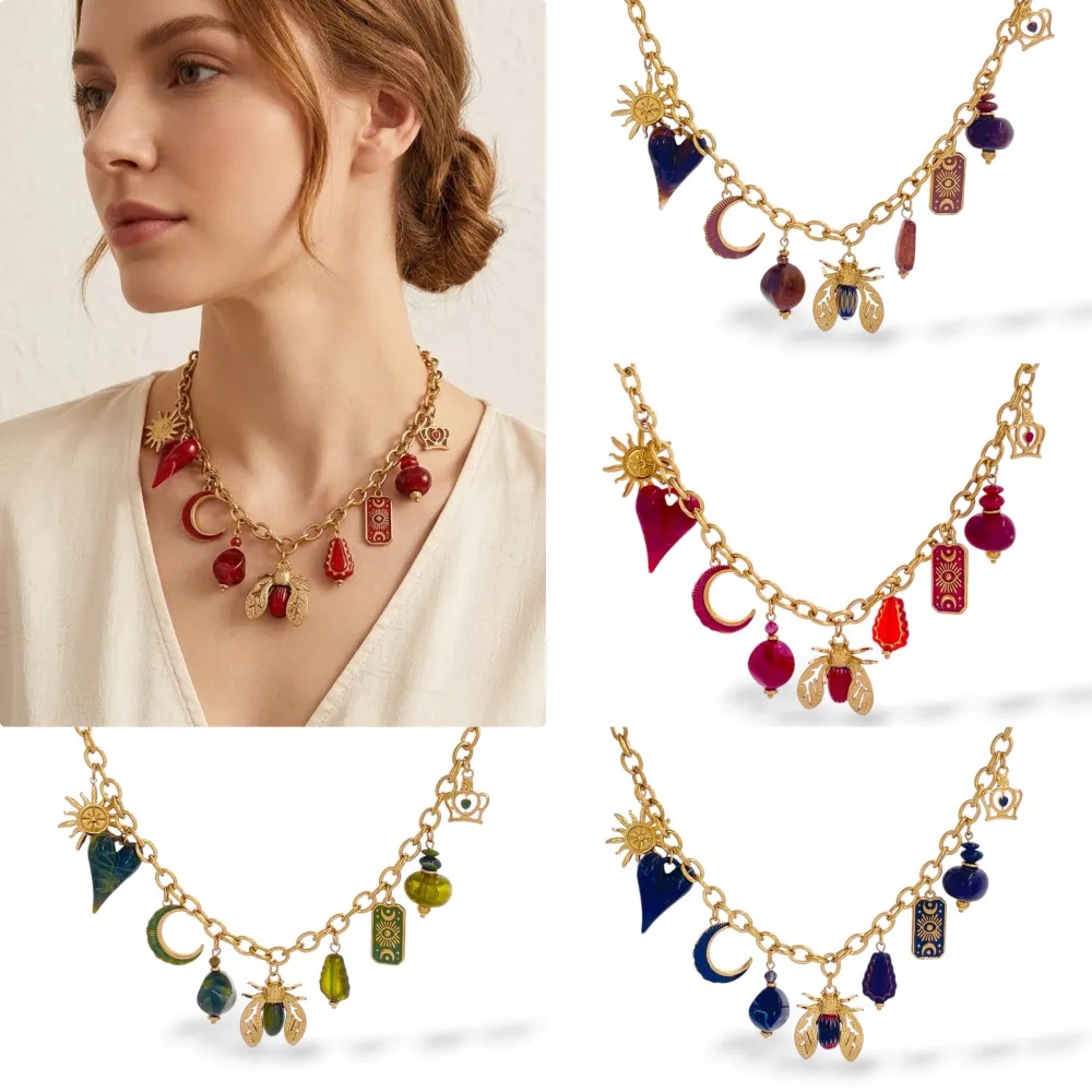 Ape, Luna, Cuore, Sole, Pietre-Collana Corta Moda in Acciaio - CAC-732-693