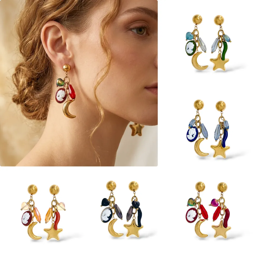 [OR-732-726] Luna, Stella, Dama-Orecchini Moda Pendente - OR-732-726 (Verde)