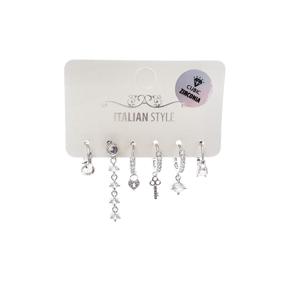 [OR-109-134] Lucchetto, chiave -Set 6Pz Orecchini con Cubic Zirconia - OR-109-134 (Argento)