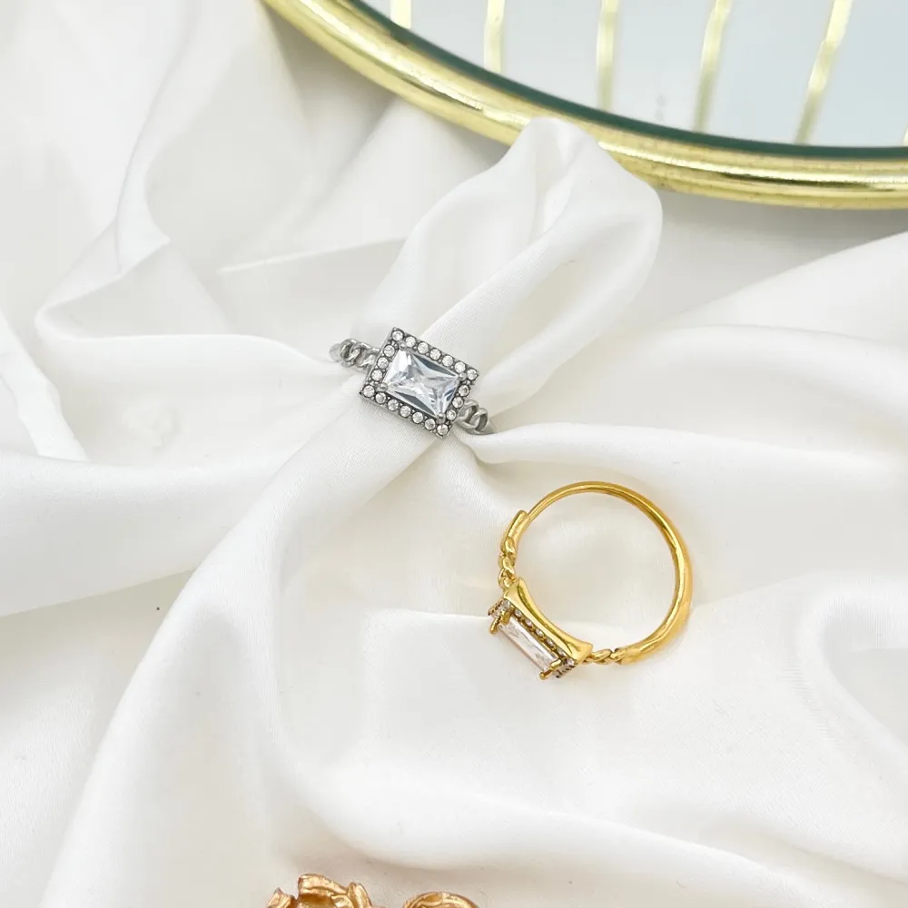 Pietra rettangolare  -Anello Regolabile in Acciaio - AAR-103-AA4251R (Argento)