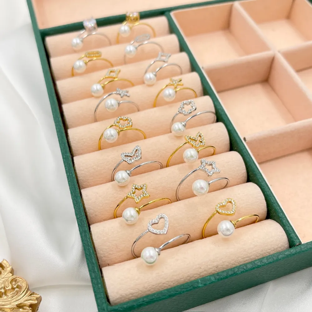 Mix Soggetti con Perla-36pz Anelli Regolabili in Acciaio - AAR-103-AA5058-5065R