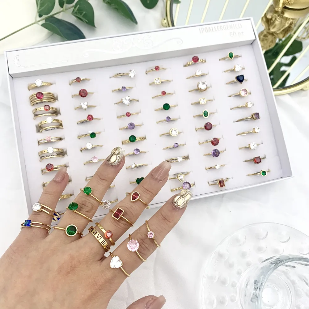 Mix con Punto Luce-60Pz Anelli Regolabili in Acciaio - AAR-105-178 (Bianco/Oro)