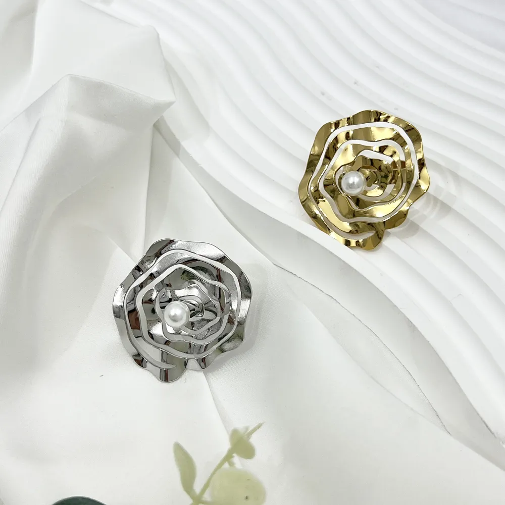 Fiore Grande con Perla-Anello Regolabile in Acciaio - AAR-759-06 (Argento)